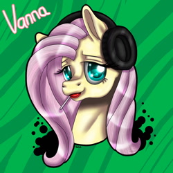 Size: 1000x1000 | Tagged: safe, artist:inspiredpixels, fluttershy, pegasus, pony, bust, candy, food, headphones, lollipop, portrait, solo