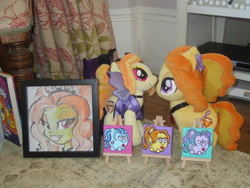 Size: 3488x2616 | Tagged: safe, artist:blazingdazzlingdusk, adagio dazzle, aria blaze, sonata dusk, pony, equestria girls, rainbow rocks, boots, clothes, collection, custom, doll, equestria girls ponified, irl, merchandise, painting, photo, picture frame, plushie, ponified, shrine, the dazzlings, toy