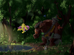 Size: 2048x1536 | Tagged: safe, artist:qzygugu, fluttershy, bear, bird, butterfly, pegasus, pony, rabbit, squirrel, armor, flying, forest, jewelry, necklace, pond, spread wings