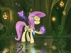 Size: 2048x1536 | Tagged: safe, artist:qzygugu, part of a set, fluttershy, butterfly, pegasus, pony, eyes closed, folded wings, forest, hairpin, holding, jewelry, lantern, necklace, peaceful, reflection, solo