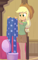 Size: 513x817 | Tagged: safe, artist:carnifex, applejack, equestria girls, clothes, commission, cowboy hat, footed sleeper, freckles, hat, onesie, pajamas, smiling, solo