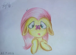 Size: 2430x1753 | Tagged: safe, artist:aminaislam, fluttershy, butterfly, pegasus, pony, bust, color correction, cropped, floppy ears, insect on nose, looking at something, open mouth, portrait, solo, traditional art