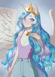 Size: 905x1280 | Tagged: safe, artist:glorious-rarien, princess celestia, alicorn, anthro, blushing, breasts, cleavage, clothes, female, jeans, jewelry, mare, pants, regalia, smiling, solo, tanktop