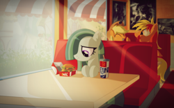 Size: 2508x1562 | Tagged: safe, artist:ruhisu, applejack, marble pie, oc, oc:brave wing, earth pony, pony, big mac (burger), burger, canon x oc, fast food, food, hamburger, mcdonald's, pun, shipping