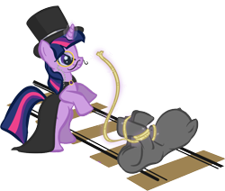 Size: 789x670 | Tagged: safe, artist:signupfree, twilight sparkle, anon pony, pony, cape, clothes, commission, dastardly whiplash, evil, hat, magic, monocle, moustache, peril, pure unfiltered evil, rope, solo, tied to tracks, tied up, top hat, train tracks, your character here