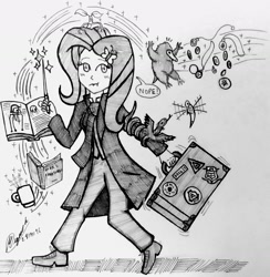 Size: 1825x1872 | Tagged: safe, artist:php71, fluttershy, equestria girls, crossover, fantastic beasts and where to find them, fantasy, female, grayscale, harry potter, j.k. rowling, magic, monochrome, mythology, traditional art