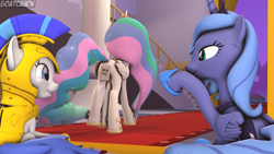 Size: 3840x2160 | Tagged: safe, artist:goatcanon, princess celestia, princess luna, oc, oc:general strawcream, alicorn, pony, 3d, canterlot, canterlot castle, female, guardsmare, kick me, mare, prank, royal guard, s1 luna, this will end in tears and/or a journey to the moon