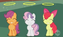 Size: 619x368 | Tagged: safe, screencap, apple bloom, scootaloo, sweetie belle, stare master, cute, cutie mark crusaders, halo, pure unfiltered evil