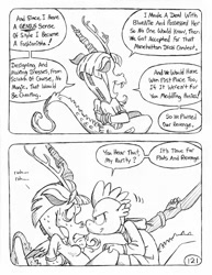 Size: 849x1100 | Tagged: safe, artist:circe, discord, rarity, spike, anthro, unguligrade anthro, comic:soreloser, black and white, blue nile, comic, grayscale, monochrome, sweat, traditional art