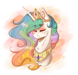 Size: 2690x2600 | Tagged: safe, artist:norica-official, princess celestia, alicorn, pony, bust, collar, crown, eyes closed, female, jewelry, mare, necklace, regalia, simple background, solo, transparent background