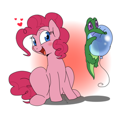 Size: 1000x950 | Tagged: safe, artist:haden-2375, gummy, pinkie pie, earth pony, pony, balloon, blushing, cute, diapinkes, duo, female, heart, looking at you, mare, open mouth, sitting