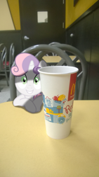 Size: 1024x1819 | Tagged: safe, artist:kuren247, artist:theever, sweetie belle, chair, cup, door, exploitable meme, irl, mcdonald's, meme, photo, ponies in real life, pure unfiltered evil, restaurant, solo, spilled milk, table, vector, xk-class end-of-the-world scenario