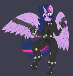 Size: 2000x2066 | Tagged: safe, artist:magical disaster, derpibooru import, twilight sparkle, twilight sparkle (alicorn), alicorn, anthro, breasts, clothes, cosplay, costume, female, flying, gantz, gun, looking at you, no trigger discipline, overall, seve, wip
