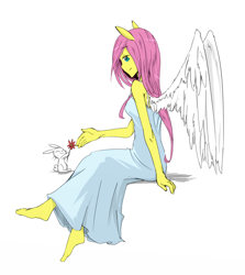 Size: 1024x1149 | Tagged: safe, artist:ixalon, artist:ya0427, color edit, edit, angel bunny, fluttershy, human, barefoot, clothes, colored, colored eyes, cute, dress, eared humanization, eyes closed, feet, flower, gown, humanized, lidded eyes, simple background, sitting, skinny, smiling, spread wings, white background, winged humanization