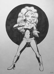 Size: 1000x1361 | Tagged: safe, artist:jay156, part of a set, adagio dazzle, equestria girls, belly button, inktober, microphone, midriff, monochrome, solo, traditional art