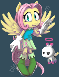 Size: 800x1051 | Tagged: safe, artist:blazetbw, angel bunny, fluttershy, anthro, plantigrade anthro, chao, clothes, crossover, mobian, solo, sonic the hedgehog (series), sonicified, species swap, style emulation, watermark