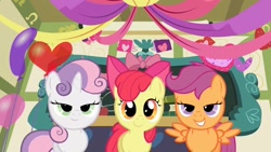 Size: 1280x720 | Tagged: safe, edit, edited screencap, screencap, apple bloom, scootaloo, sweetie belle, hearts and hooves day (episode), bedroom eyes, cutie mark crusaders, hearts and hooves day, plotting, ponyville schoolhouse, pure unfiltered evil, run
