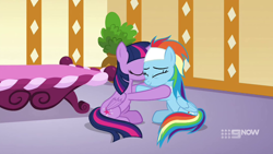 Size: 1280x720 | Tagged: safe, derpibooru import, screencap, rainbow dash, twilight sparkle, twilight sparkle (alicorn), alicorn, pegasus, pony, spoiler:deep tissue memories, spoiler:mlp friendship is forever, 9now, comforting, deep tissue memories, duo, eyes closed, hug, massage table, ponyville spa, sitting, smiling, spa pony rainbow dash, wings