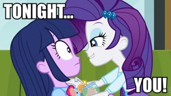 Size: 960x536 | Tagged: safe, derpibooru import, edited screencap, screencap, rarity, twilight sparkle, equestria girls, rainbow rocks, caption, image macro, meme, tonight you