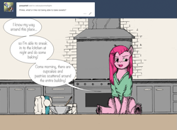 Size: 1219x892 | Tagged: safe, artist:dreamingnoctis, pinkie pie, earth pony, pony, ask asylum twilight, bowl, flour, mixing bowl, pinkamena diane pie, solo, underhoof, unshorn fetlocks