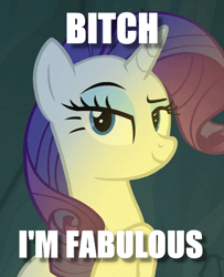 Size: 416x513 | Tagged: safe, screencap, rarity, pony, unicorn, bitch i'm fabulous, caption, image macro, impact font, looking at you, meme, raised eyebrow, text, vulgar