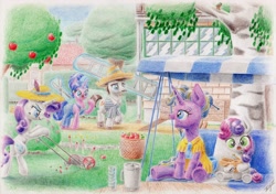 Size: 4665x3275 | Tagged: safe, artist:xeviousgreenii, cookie crumbles, hondo flanks, rarity, sweetie belle, oc, pony, unicorn, apple tree, bush, cart, family, hammock, high res, ladder, lawn mower, magic, music box, shears, swing, traditional art, tree