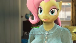 Size: 1920x1080 | Tagged: safe, artist:appletart, fluttershy, anthro, pegasus, 3d, clothes, dialogue, eyeshadow, fallout 4, game mod, lipstick, makeup, mod, solo