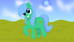 Size: 1920x1080 | Tagged: safe, artist:onil innarin, derpibooru import, oc, oc only, oc:kruti napatum, earth pony, pony, cloud, ear fluff, female, grass, grin, happy, mare, shading, smiling, solo, trotting, vector, wallpaper