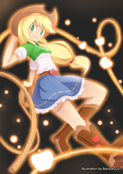 Size: 1179x1667 | Tagged: safe, artist:banzatou, applejack, human, equestria girls, apple, applejack's hat, blushing, boots, clothes, cowboy hat, female, food, hat, humanized, lasso, looking at you, shirt, shoes, skirt, solo