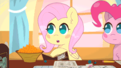 Size: 1000x563 | Tagged: safe, artist:omegaozone, fluttershy, pinkie pie, earth pony, pegasus, pony, animated, book, cute, diapinkes, dungeons and dragons, duo, eyes closed, female, frame by frame, gif, no pupils, ogres and oubliettes, roleplaying, roleponies, shyabetes, smiling