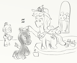Size: 695x566 | Tagged: safe, applejack, changeling, nymph, pegasus, pony, bipedal, empty eyes, eye contact, female, frown, gun, hoof hold, looking at each other, machine gun, male, mare, monochrome, nervous, no pupils, petting, potted plant, race swap, rifle, royal guard, spread wings, stallion, sweat, sweatdrop, wat, wavy mouth, weapon, window, wings