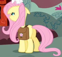 Size: 470x434 | Tagged: safe, screencap, fluttershy, pegasus, pony, just for sidekicks, cropped, female, floppy ears, mare, plot, saddle bag