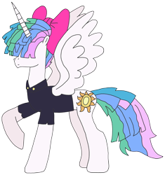 Size: 1925x2052 | Tagged: safe, artist:supahdonarudo, princess celestia, songbird serenade, my little pony: the movie, alternate hairstyle, bow, clothes, cosplay, costume, name pun, raised hoof, shirt, sia (singer), simple background, transparent background