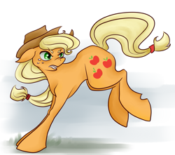 Size: 883x781 | Tagged: safe, artist:chromaflow, applejack, earth pony, pony, bucking, female, mare, solo