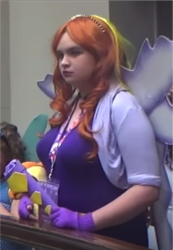 Size: 854x1231 | Tagged: safe, artist:blazingdazzlingdusk, adagio dazzle, human, equestria girls, rainbow rocks, 2015, clothes, convention, cosplay, costume, female, fin wings, irl, irl human, microphone, photo, plushie, ponycon, the dazzlings