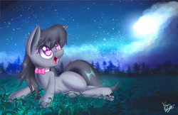 Size: 4096x2650 | Tagged: safe, artist:kawaiipony2, derpibooru import, octavia melody, earth pony, pony, bowtie, cloud, cloudy, colored pupils, cute, female, looking up, lying down, mare, night, night sky, on side, open mouth, signature, sky, smiling, solo, stars, tavibetes, wallpaper