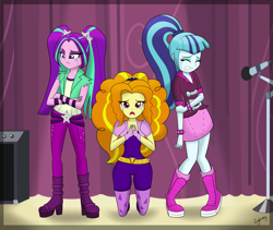 Size: 1000x843 | Tagged: safe, artist:thebrokencog, adagio dazzle, aria blaze, sonata dusk, equestria girls, begging, clothes, commission, crossed arms, crying, curtain, eyes closed, fingerless gloves, frown, gloves, gritted teeth, group, kneeling, looking at you, looking down, microphone, open mouth, signature, spikes, stage, the dazzlings, trio, woobie, wristband