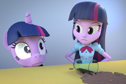 Size: 1080x720 | Tagged: safe, artist:3d thread, artist:creatorofpony, twilight sparkle, twilight sparkle (alicorn), alicorn, equestria girls, /mlp/, 3d, 3d model, blender, caught, chocolate milk, cup, frown, human ponidox, meme, pure unfiltered evil, self ponidox, spill, spilled milk, unamused, wide eyes