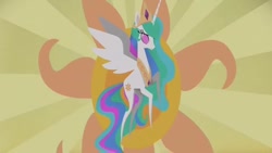 Size: 640x360 | Tagged: safe, screencap, princess celestia, alicorn, pony, my little pony: the movie, alternate design, catasterism, female, flying, mare, pointy ponies, solo, sun