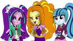 Size: 1280x720 | Tagged: safe, artist:carolina666, adagio dazzle, aria blaze, sonata dusk, equestria girls, rainbow rocks, amulet, clothes, fingerless gloves, gloves, group, hands behind back, necklace, open mouth, spikes, the dazzlings, trio, wristband