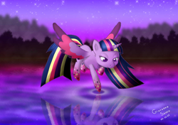 Size: 1024x722 | Tagged: safe, artist:giovanna-71, derpibooru import, twilight sparkle, twilight sparkle (alicorn), alicorn, pony, female, lake, mare, night, rainbow power, solo, stars