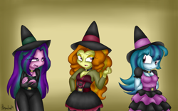 Size: 1024x640 | Tagged: safe, artist:queentigrel, adagio dazzle, aria blaze, sonata dusk, equestria girls, halloween, the dazzlings, witch