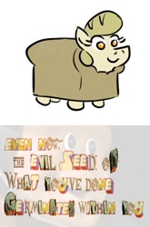 Size: 370x562 | Tagged: safe, artist:jargon scott, edit, oc, oc only, oc:bread pony, bread pony, food pony, original species, bread, bread head, expand dong, exploitable meme, legend, meme, pure unfiltered evil, smiling, solo, the almighty loaf, wat