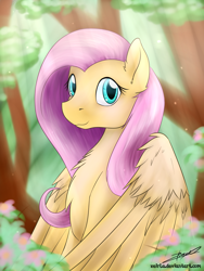 Size: 3000x4000 | Tagged: safe, artist:xeirla, fluttershy, pegasus, pony, chest fluff, crepuscular rays, forest, solo