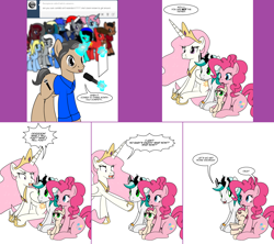 Size: 1808x1604 | Tagged: safe, artist:dekomaru, pinkie pie, princess celestia, oc, oc:confetti, oc:dazzle, alicorn, earth pony, pony, unicorn, alicorn oc, ask, baby, baby pony, comic, maury, offspring, parent:oc:dazzle, parent:pinkie pie, parents:canon x oc, princess molestia, sitting, tumblr, tumblr:ask twixie