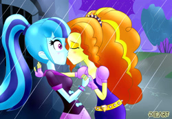 Size: 2338x1622 | Tagged: safe, artist:dieart77, adagio dazzle, sonata dusk, equestria girls, blushing, clothes, commission, eyes closed, female, fingerless gloves, gloves, kissing, lesbian, night sky, rain, shipping, signature, sonagio