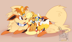 Size: 2073x1210 | Tagged: safe, artist:great9star, applejack, earth pony, pony, arcanine, bandana, commission, crossover, cute, dust: an elysian tail, eyes closed, fidget (character), group, happy, hug, looking at you, miles "tails" prower, naruto, one eye closed, open mouth, pokémon, prone, sitting, smiling, sonic the hedgehog (series), tongue out, wat