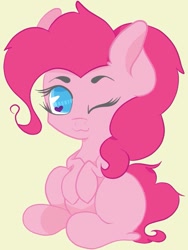 Size: 723x960 | Tagged: safe, artist:hedgehog-plant, pinkie pie, earth pony, pony, :3, female, heart, heart eyes, mare, one eye closed, simple background, sitting, solo, wingding eyes