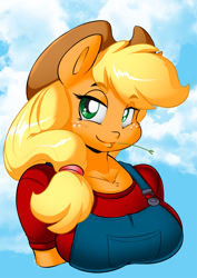 Size: 800x1129 | Tagged: safe, artist:chalodillo, artist:ustudioss, applejack, anthro, bust, clothes, colored pupils, solo