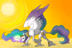 Size: 4300x2900 | Tagged: safe, artist:animalstamp, princess celestia, alicorn, pony, angry, colored wings, cutie mark, ethereal mane, female, glowing horn, head down, jewelry, leonine tail, mare, regalia, solo, sun, unshorn fetlocks